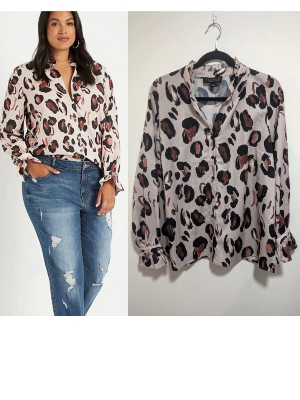 Eloquii | Button Down Shirt With Ruffle Neck In Panthera Print